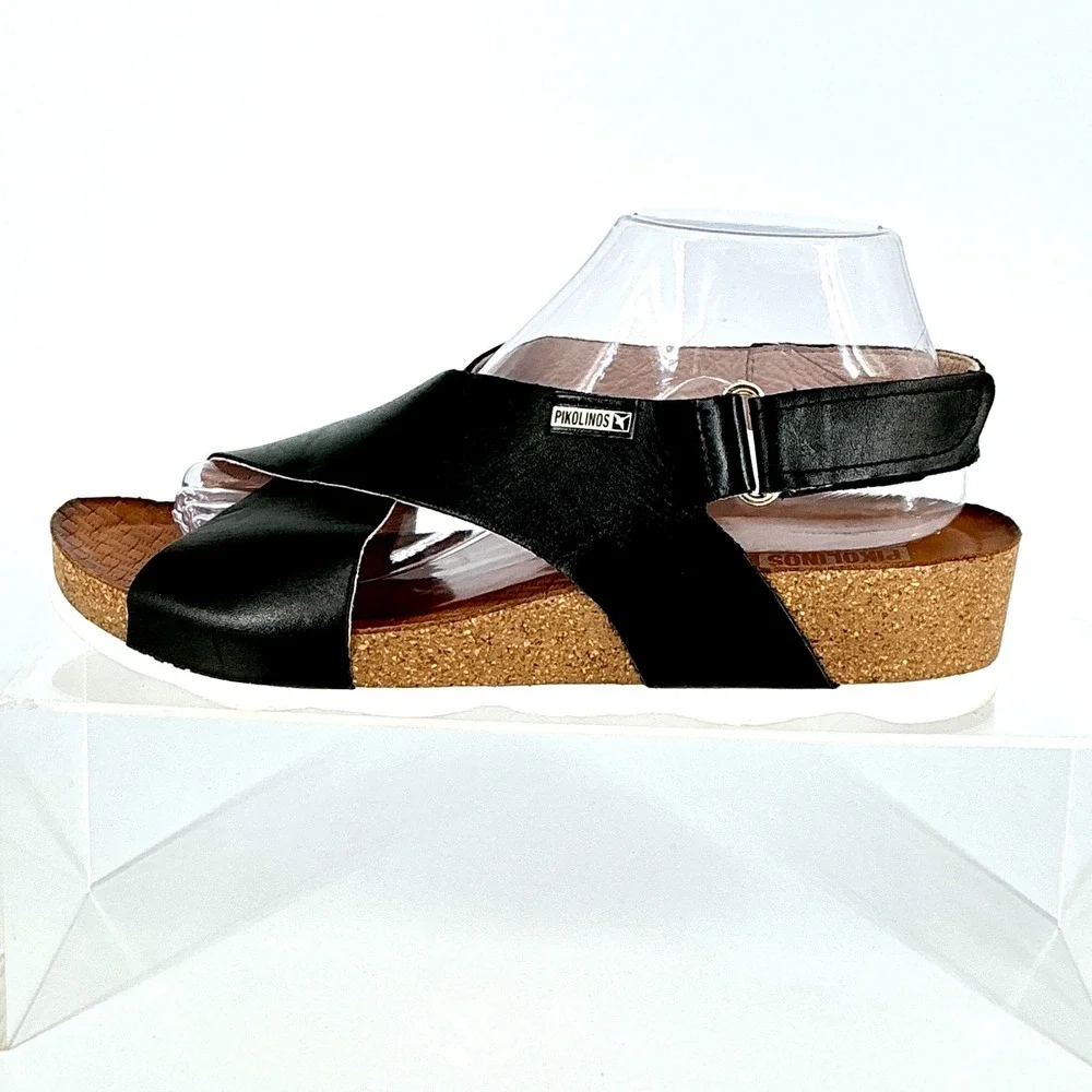 Pikolinos Black Size 9.5 Leather Crisscross Wedge Slingback Sandals Mahon Spain - Picture 11 of 13
